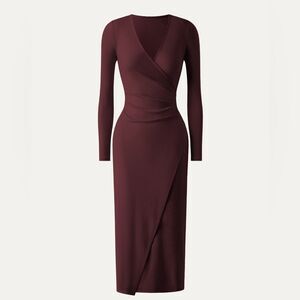 NWT OGL Light Cotton Rib Faux Wrap Light Cotton Midi Dress - Hazelnut Coco